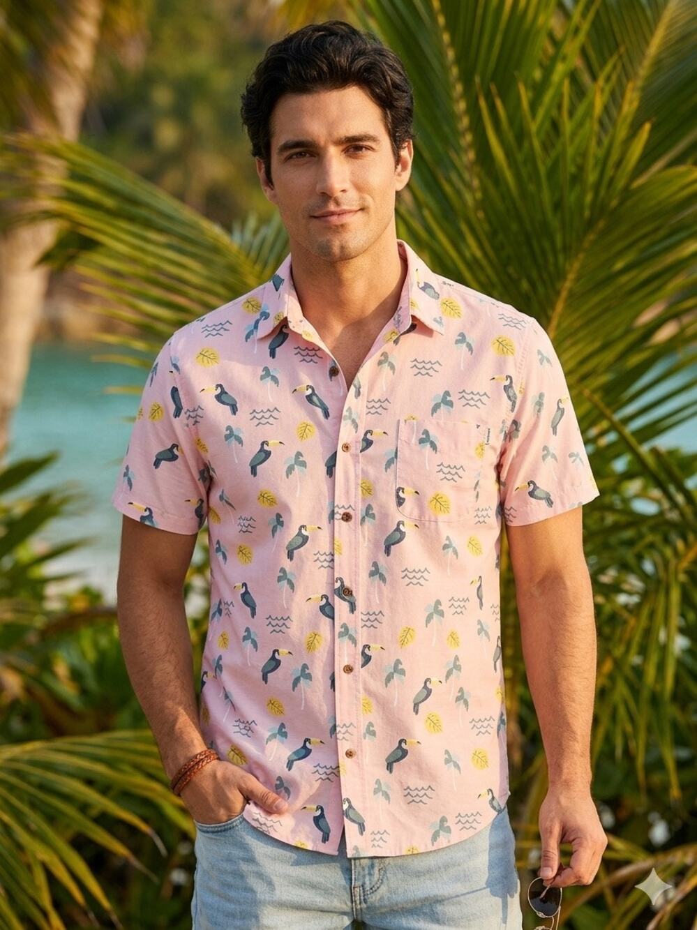 Party Pants Men's Medium "Toucan Party" Short Sleeve Button Down Shirt - Pink